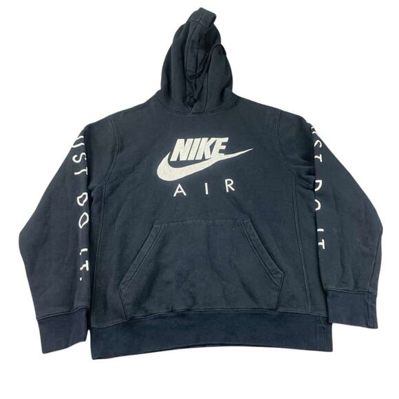 NIKE AIR Swoosh Black Men M JUST DO IT Side Arm Logo Pullover Hoodie Sweatshirt - Picture 1 of 7